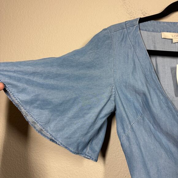 Loft Size XS Wrap Chambray Top Blouse Blue Belted V Neck Flared Sleeves - Picture 6 of 10